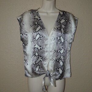Sz S Acrobat Cream Black Snakeskin Print Silk Sleeveless Tie Front Blouse